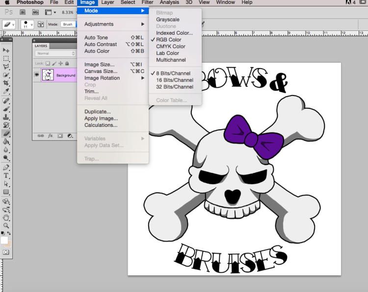 2. Go to Image, Mode, Grayscale